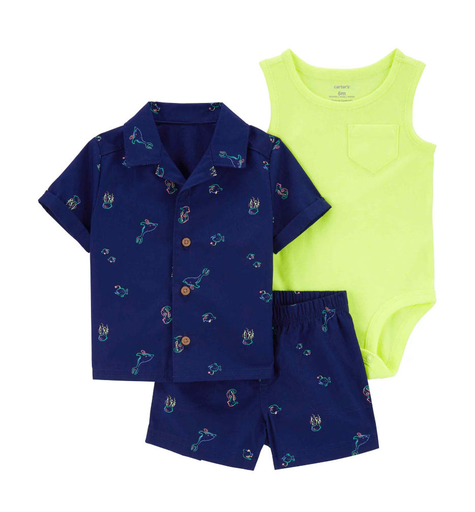 Conjunto curto bebê 3 peças com bolso fundo do mar multicor