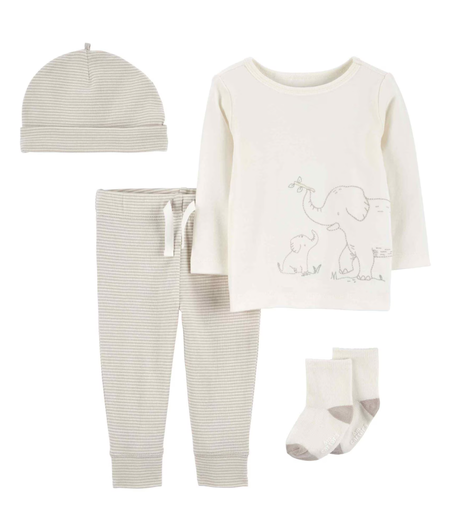 Conjunto longo bebê 3 peças e touca elefantes multicor